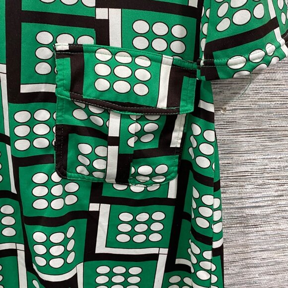 Vintage Vertigo Paris Green Geometric Polka Dot Shirt Dress W/ Pockets & 3/4 Sle - Picture 2 of 6